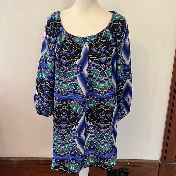 Gibson Latimer blue purple black patterned tunic Size M New - Picture 2 of 9